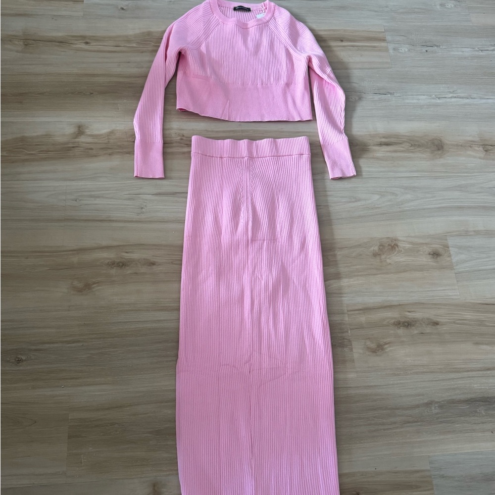 Pink Ribbed Knit Skirt and Sweater